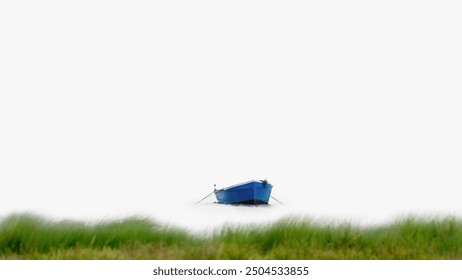 A minimalistic picture of a blue fisher boat on white calm water and green reed in the front, copy space, negative space, white background, 16:9 - Powered by Shutterstock