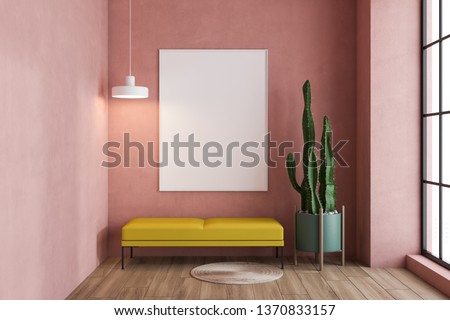 Minimalistic pink living room interior with wooden floor, tall window and yellow bench with vertical poster above it. Potted plant. 3d rendering mock up