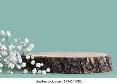A minimalistic scene of a felled tree lies with flowers on a green background. Catwalk for the presentation of products and cosmetics. Showcase with a stage for natural products. - Shutterstock ID 1934143085