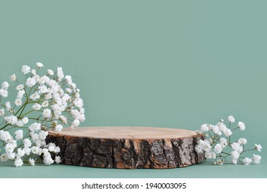 A minimalistic scene of a felled tree lies with flowers on a natural background. Catwalk for the presentation of products and cosmetics. Showcase with a stage for natural products. Empty space - Shutterstock ID 1940003095