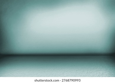 Minimalistic studio interior is featuring smooth teal wall and floor seam in flat design. Contemporary, abstract, clean, sleek, modern, neutral, soft-lighting