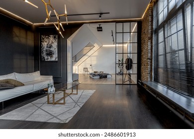 minimalistic stylish interior of luxury apartment with white stylish bedroom and dark living room. modern apartments with an open layout during the day without people and amazing sun rays