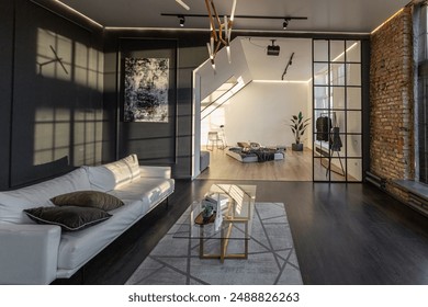 minimalistic stylish interior of luxury apartment with white stylish bedroom and dark living room. modern apartments with an open layout during the day without people and amazing sun rays - Powered by Shutterstock