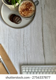 Minimalistic Top Down Work Desk With Greenery And Computer Set-Up With Text Copy Space