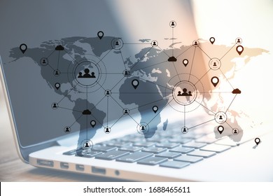 Minimalistic Workplace With Remote Work Interface. Remote Access Chain Concept. Double Exposure