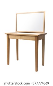 A Minimal(modern, Simple) Empty(blank, Vacant, Hollow) Wood Dressing Table(vanity) With Mirror Isolated White At The Studio.