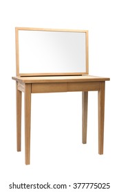 A Minimal(modern, Simple) Empty(blank, Vacant, Hollow) Wood Dressing Table(vanity) With Mirror Isolated White At The Studio.