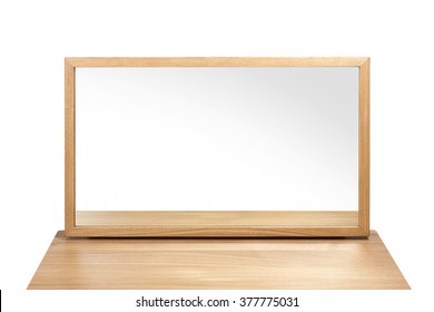 A Minimal(modern, Simple) Empty(blank, Vacant, Hollow) Wood Dressing Table(vanity) With Mirror Isolated White At The Studio.