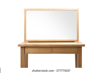 A Minimal(modern, Simple) Empty(blank, Vacant, Hollow) Wood Dressing Table(vanity) With Mirror Isolated White At The Studio.