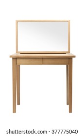 A Minimal(modern, Simple) Empty(blank, Vacant, Hollow) Wood Dressing Table(vanity) With Mirror Isolated White At The Studio.