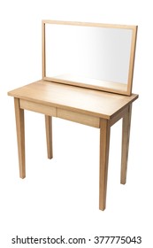 A Minimal(modern, Simple) Empty(blank, Vacant, Hollow) Wood Dressing Table(vanity) With Mirror Isolated White At The Studio.