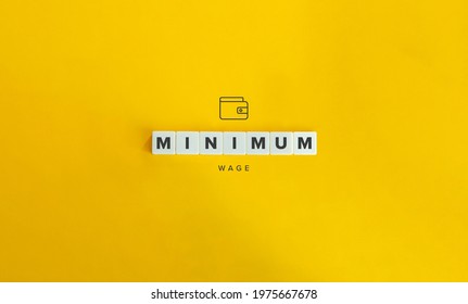 Minimum Wage Banner And Concept. Wallet Line Art Icon And Block Letters On Bright Orange Background. Minimal Aesthetics.