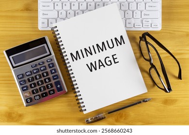Minimum wage text on note pad with calculator.