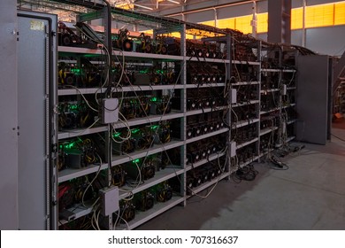 Mining. bitcoin farm. working computer equipment. Russia, Moscow.