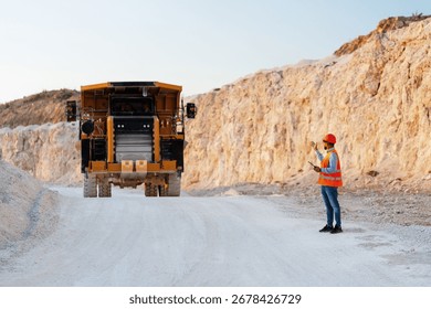 Mining engineer holding a tablet while directing a dumper truck in an open pit mine, overseeing mineral extraction operations in a dynamic landscape