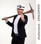 Mining, pickaxe and portrait of businessman in studio for cryptocurrency, stock trading and investment. Finance, entrepreneur and isolated person with gear and coin for profit, money and wealth