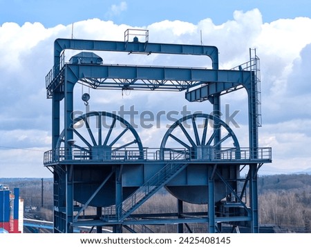 The mining tower. Steel construction of the tower, control of the mining lift. Aerial view.  Barbora Mine, Karviná, Czech Republic. 