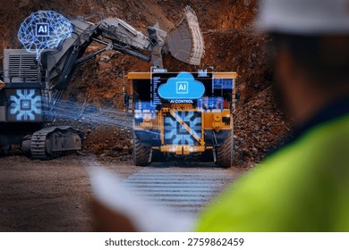 Mining truck with ai control interface and automated excavator overlay for industrial monitoring dashboard and safety system assistant.