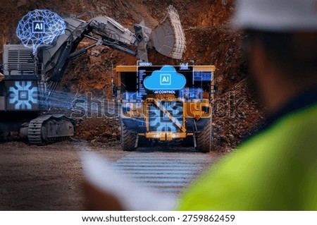 Mining truck with ai control interface and automated excavator overlay for industrial monitoring dashboard and safety system assistant.