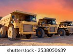 Mining truck in open-pit mining. Heavy machinery Construction equipment. Haul truck at construction site. Mining civil works, Earthmoving. Off highway Trucks on construction. Haul dump truck on sunset