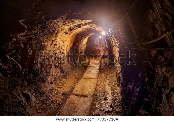Mining tunnel with lights\
and rails