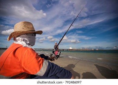 Mining Worker Fishing On The Beach During The Day Off At Gove Bay, 25 March 2012 Nhulunbuy, Northern Territory, Australia 