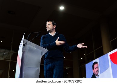 Minister Of Consumer Affairs Functions Alberto Garzón Speaks To The Crowd At The 3rd En Comú Podem National Congress In Barcelona, Spain On November 21, 2021. En Comu Podem Is A Catalan An Electoral