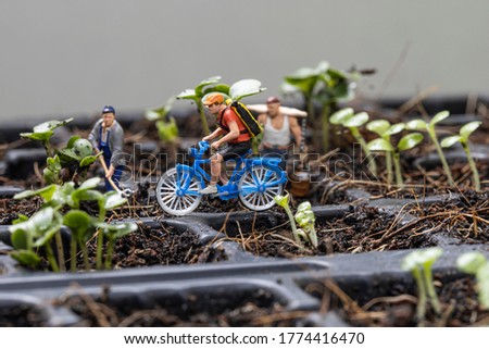 Miniture people cyclist and miniture gardeners with planting tree background.