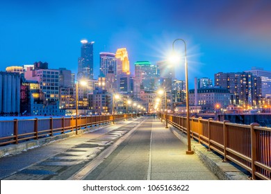 Minneapolis downtown skyline in Minnesota, USA at sunset
