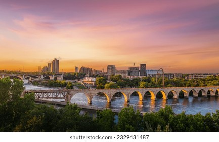 Minneapolis Minnesota at Sunset on the Mississippi River,