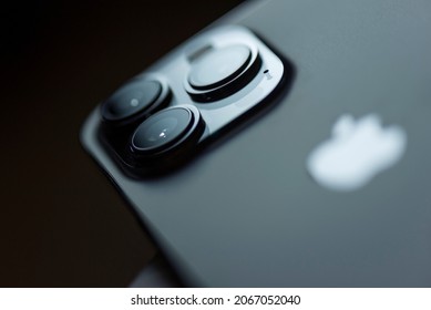 Minneapolis, Minnesota, United States - October 30, 2021: Back section of the new Apple iPhone 13 Pro, with focus on the three lenses. The iPhone 13 Pro was first released September 24, 2021