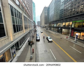 Minneapolis, Minnesota USA - December 11, 2021: Streets of Downtown Minneapolis as Seen from Skyway, Day