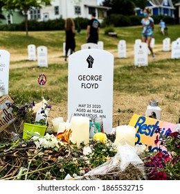 Minneapolis, Minnesota, USA, June 20, 2020. Symbolic headstone for George Floyd at the Say Their Names cemetery and near his memorial site. Cemetery honors African Americans killed by police.