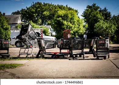 Minneapolis, Minnesota / USA - May 29 2020: Abandoned Cub Foods Shopping Carts After Looting In Minneapolis Riots For George Floyd