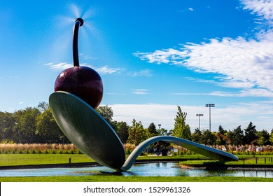 Minneapolis, Minnesota, USA, September 29th 2019. People Enjoyed The Cherry Sculpture In The Minneapolis Sculpture Garden