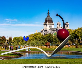 Minneapolis, Minnesota, USA, September 29th 2019. People enjoyed the cherry sculpture in the Minneapolis Sculpture Garden