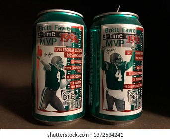 Minneapolis, Minnesota/USA. April 16, 2019. 2 Pop Cans Featuring Quarterback Brett Favre On Display In Minnesota.