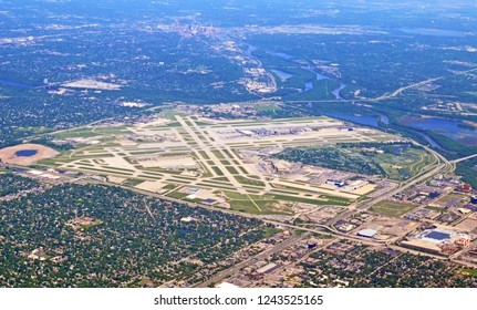 Minneapolis, Minnesota/USA -  May 15 2012: Aerial View Of Minneapolis/St. Paul Airport Taken From The Window Of An Incoming Aircraft.