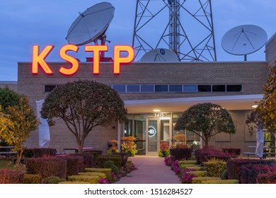 MINNEAPOLIS, MN - AUGUST 2019 - A Twin Cities Local News Television Station KSTP Headquarters' Sign Illuminated During Twilight