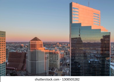 MINNEAPOLIS, MN - DECEMBER 2018 -  A Wide Angle Sunset Shot Looking Over Minneapolis Skyscrapers Toward The Distant St. Paul Skyline From The Observation Deck At The Foshay Tower