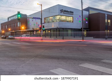 MINNEAPOLIS, MN - DECEMBER 2020 - A Wide Angle Shot Of The Hennepin County Medical Center Whittier Clinic In South Minneapolis Just After Sunset