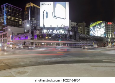 MINNEAPOLIS, MN - FEBRUARY 2018 -A Close Up Wide Angle Night Long Exposure Shot Of Downtown Minneapolis Iconic First Avenue Music Venue And Foreground Blurry Street Traffic