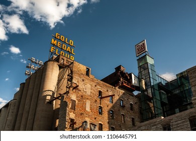 MINNEAPOLIS, MN - JUNE 5 2018 - Old Gold Medal Flour Building On A Blue Sky Day.