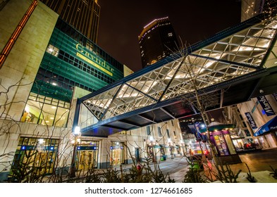Minneapolis, MN - March 1, 2018 : Exterior view of Gaviidae Common, a downtown Minneapolis shopping mall with skyway access, taken at night
