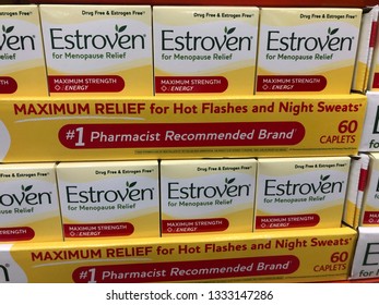 Minneapolis, MN - March 8, 2019: Retail Display Of Estroven Brand Menopausal Relief Medication Supplements, For Relief Of Hot Flashes, Night Sweats And Other Symptoms 