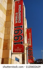 Minneapolis, MN, USA May 15 Banners  For The Minnesota Twins World Series Championships Drape The Outside Walls Of Target Field In Minneapolis, Minnesota