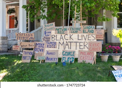 Minneapolis, MN / USA - May 31 2020: Homemade signs listing Black lives lost at the hands of law enforcement.