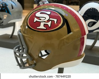 Minneapolis, MN/USA December 31, 2017, San Francisco 49ers Jumbo Helmet on Display for Super Bowl LII.
