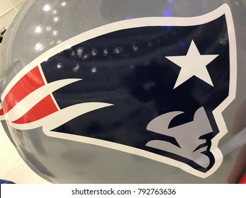 Minneapolis, MN/USA - January 10, 2018- Jumbo helmet on display of the Patriots.