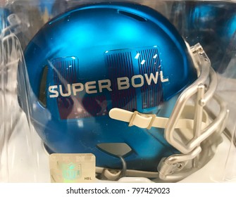 Minneapolis, MN/USA January 19, 2018- Super Bowl LII Blue Helmet On Display.
